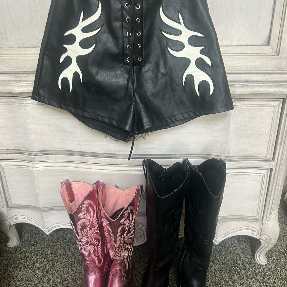 12th Tribe Black Leather High Waist Shorts with White Flame Design